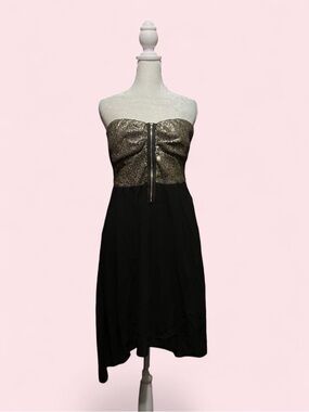 Large Strapless Hi-Low Black Dress with Gold Metallic Bust
